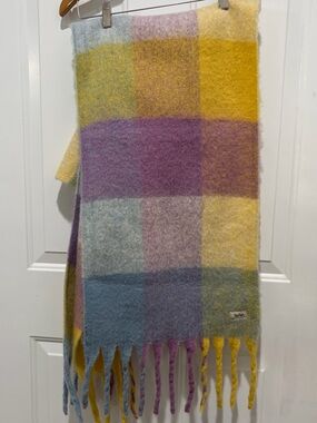 Pastel Plaid Fringe Scarf in Yellow, Purple & Blue - Sprig, 82”